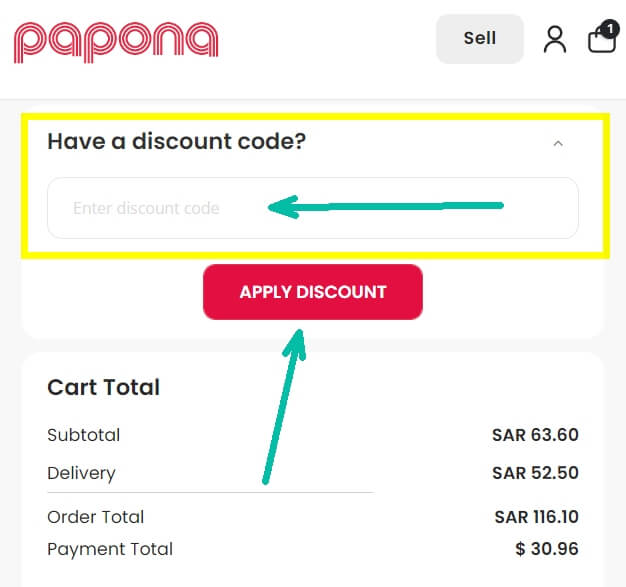 How to apply the discount code at checkout at Papona online store